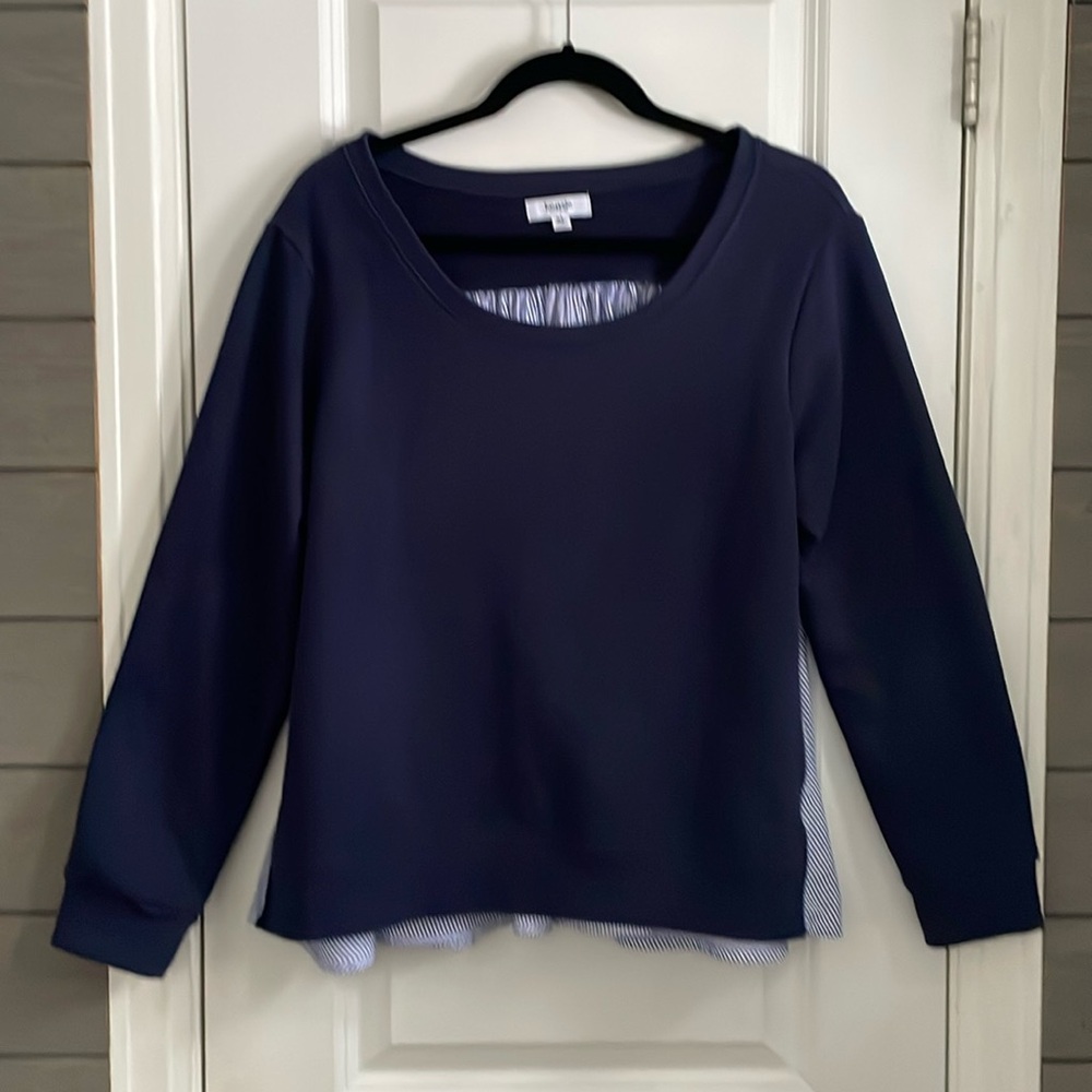 Kensie Jeans Navy & Pinstripe Mixed Media Longsleeve Sweatshirt Top XL EUC